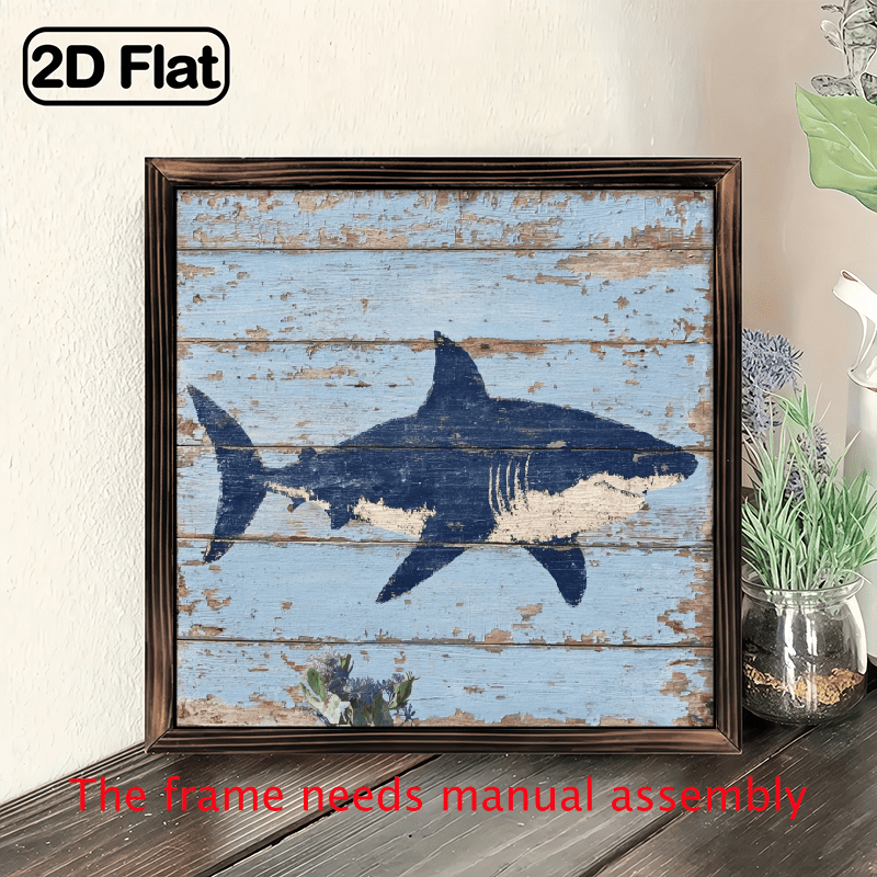 1pc Vintage Shark Wooden Frame Sign - Rustic Ocean-Themed Wall Decor with Blue Golden Shark Design, Perfect for Bedroom, Living Room, Bathroom, Office, Beach House, 8x8 Inch, Beach House Decor