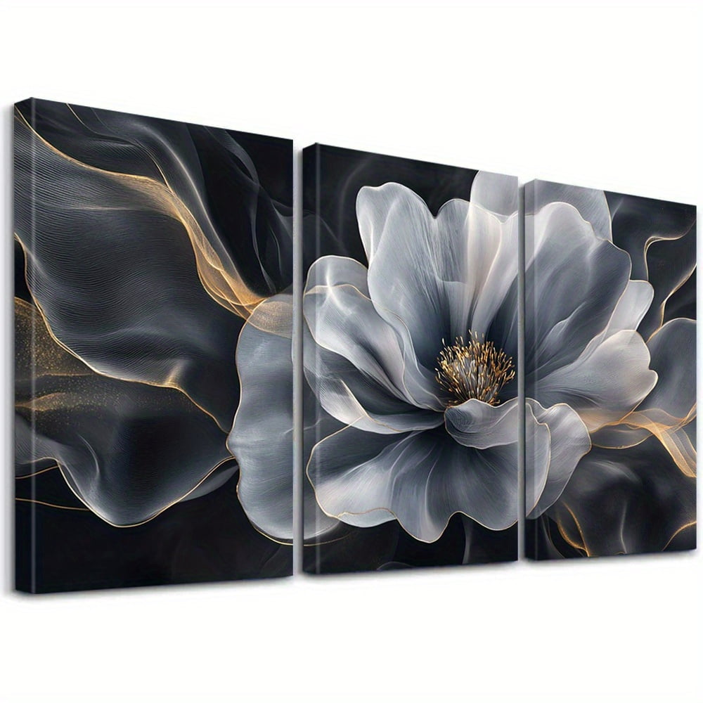 2D Flat, 3pcs Grey Floral Wall Art Prints - Cartoon-Style Blooming Flowers with Golden Accents, Frameless Horizontal Canvas Posters for Living Room, Bedroom, Office Decor - Modern Home Aesthetics &amp;