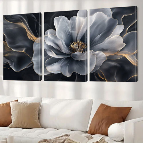 2D Flat, 3pcs Grey Floral Wall Art Prints - Cartoon-Style Blooming Flowers with Golden Accents, Frameless Horizontal Canvas Posters for Living Room, Bedroom, Office Decor - Modern Home Aesthetics &amp;