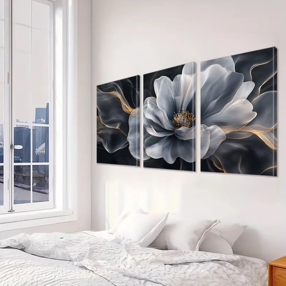 2D Flat, 3pcs Grey Floral Wall Art Prints - Cartoon-Style Blooming Flowers with Golden Accents, Frameless Horizontal Canvas Posters for Living Room, Bedroom, Office Decor - Modern Home Aesthetics &amp;