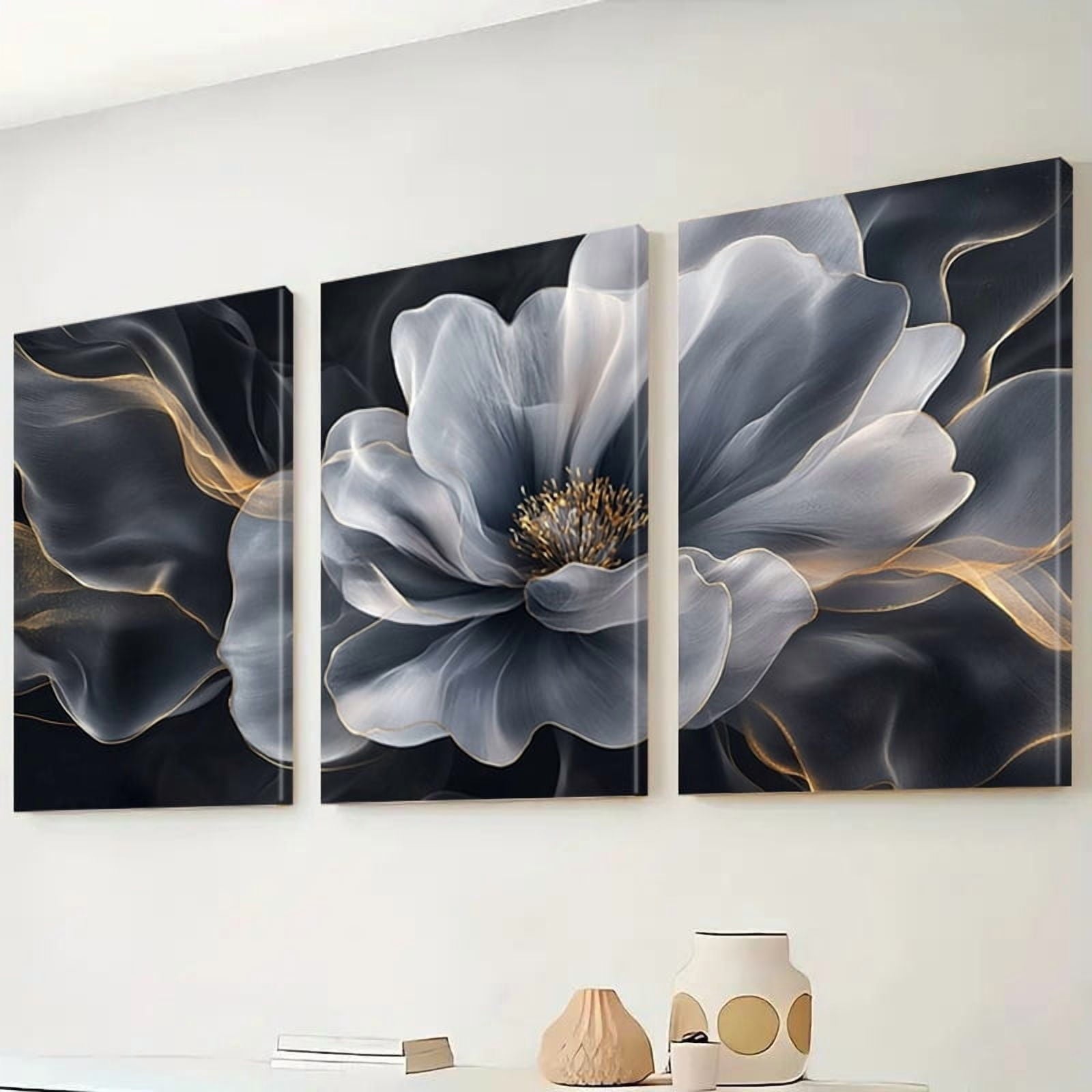2D Flat, 3pcs Grey Floral Wall Art Prints - Cartoon-Style Blooming Flowers with Golden Accents, Frameless Horizontal Canvas Posters for Living Room, Bedroom, Office Decor - Modern Home Aesthetics &amp;