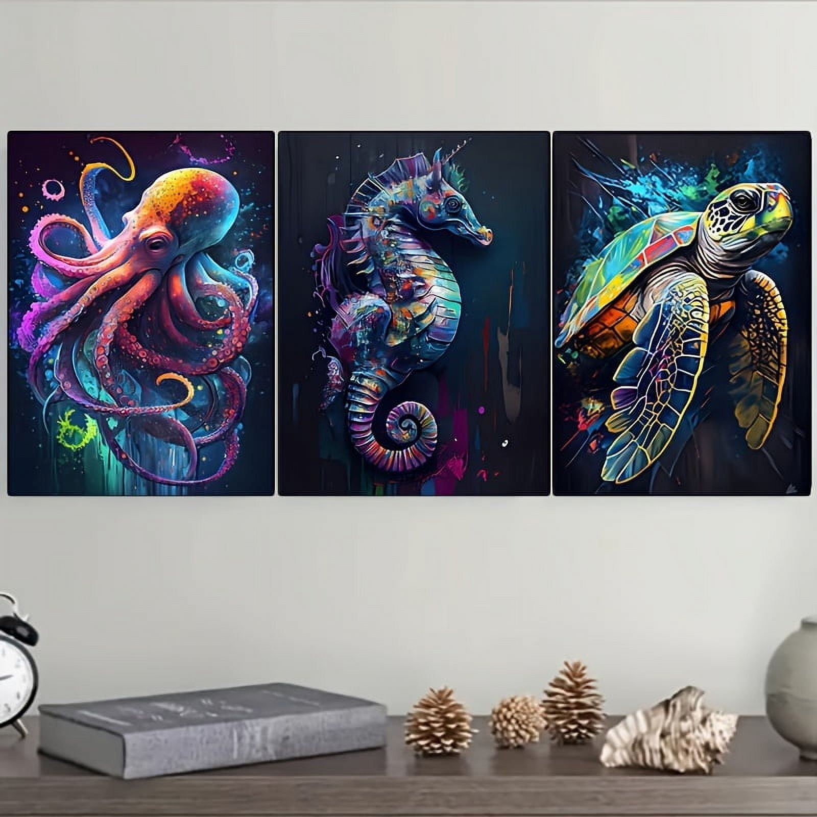 3pcs Classic Marine Life Canvas Prints, Unframed Colorful Shark Octopus Turtle Seahorse Wall Art, Animal Print Posters for Living Room Home Decor, Fish Theme Wall Decoration