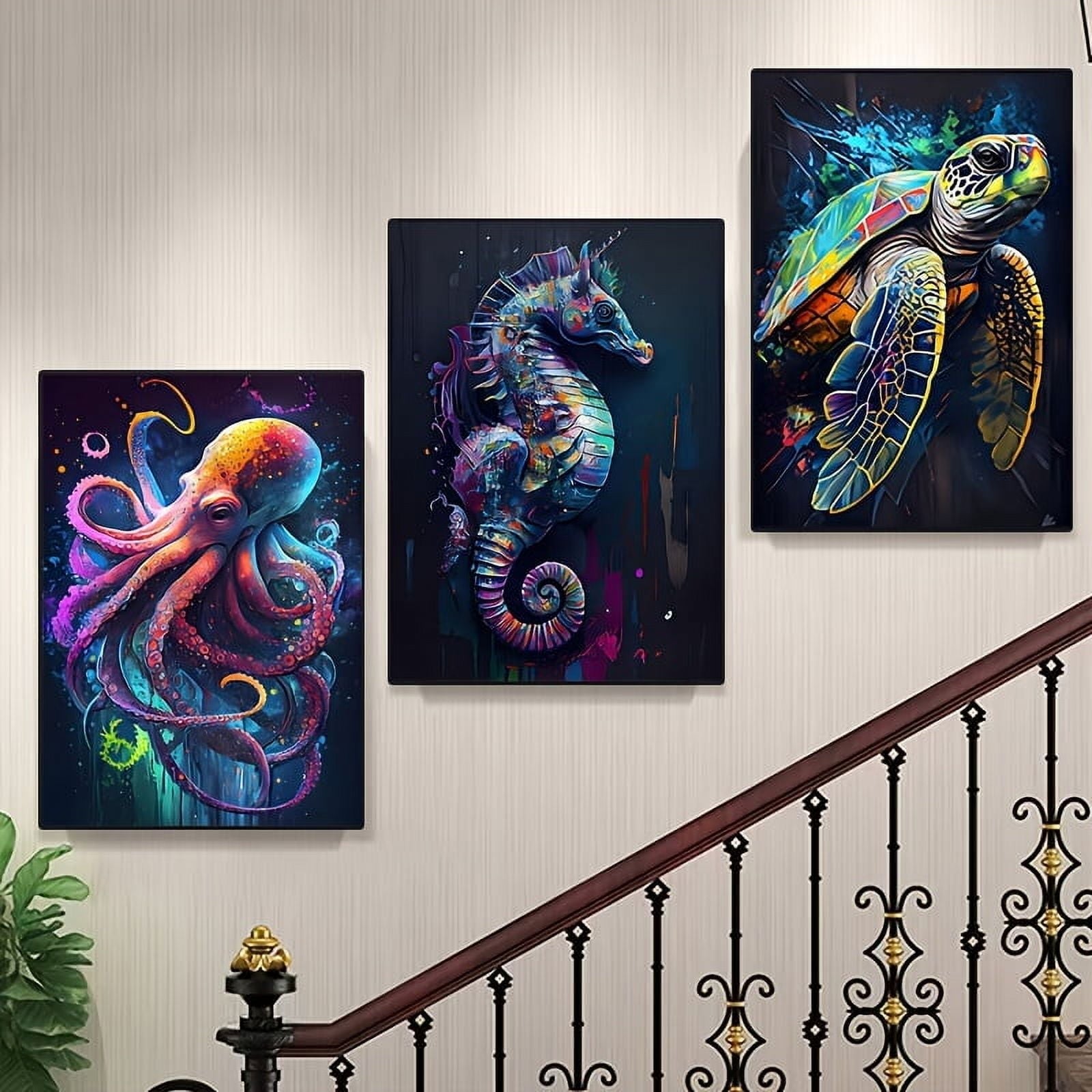 3pcs Classic Marine Life Canvas Prints, Unframed Colorful Shark Octopus Turtle Seahorse Wall Art, Animal Print Posters for Living Room Home Decor, Fish Theme Wall Decoration