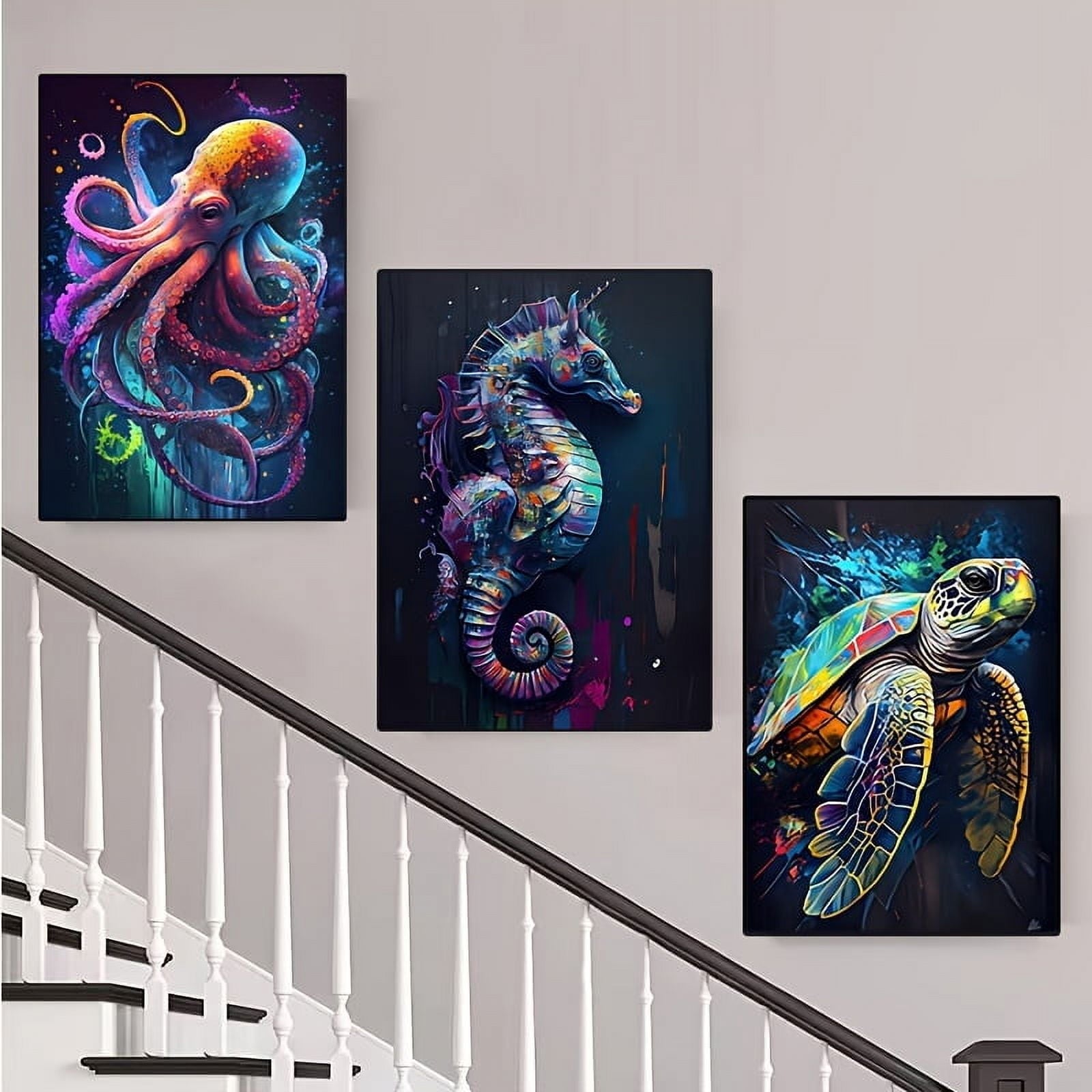 3pcs Classic Marine Life Canvas Prints, Unframed Colorful Shark Octopus Turtle Seahorse Wall Art, Animal Print Posters for Living Room Home Decor, Fish Theme Wall Decoration