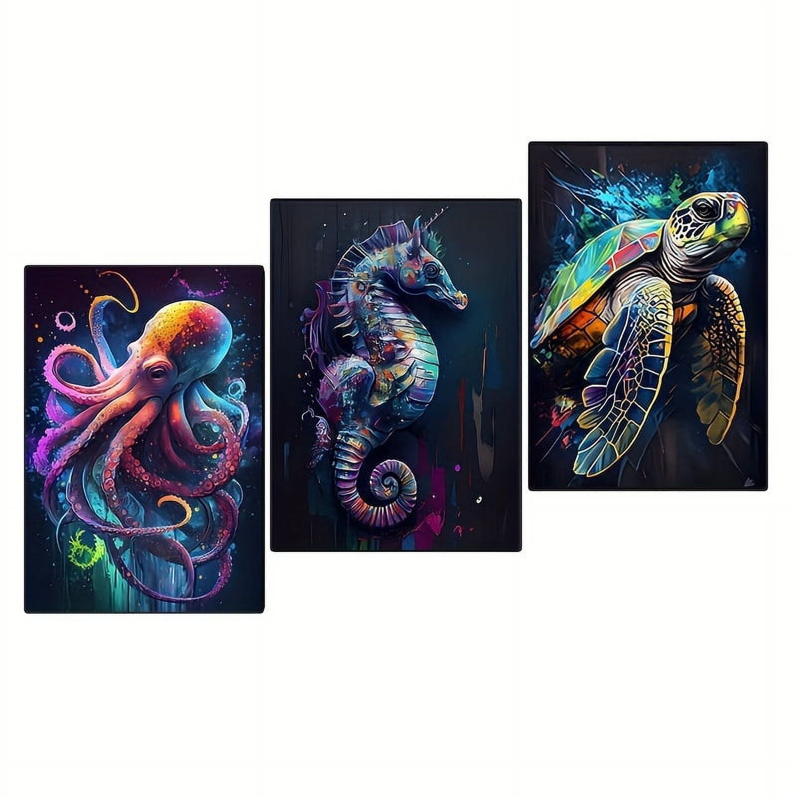 3pcs Classic Marine Life Canvas Prints, Unframed Colorful Shark Octopus Turtle Seahorse Wall Art, Animal Print Posters for Living Room Home Decor, Fish Theme Wall Decoration