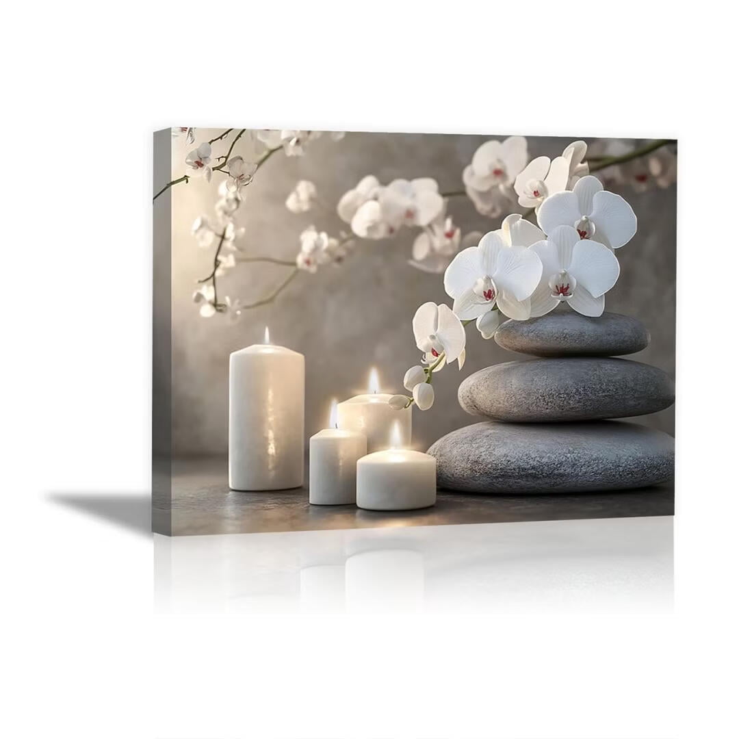 Mudket Framed Canvas Wall Art, White Orchid Candles Zen Stones Wall Decor, Elegant Calming Spa Floral Waterproof Art Prints for Bathroom Bedroom Living Room Home Decor - 18"L x 12"W