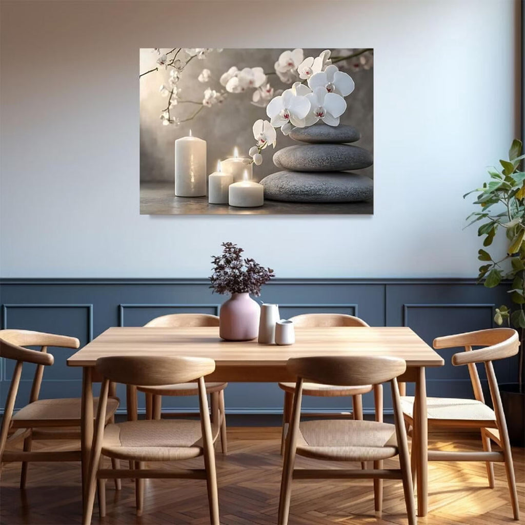 Mudket Framed Canvas Wall Art, White Orchid Candles Zen Stones Wall Decor, Elegant Calming Spa Floral Waterproof Art Prints for Bathroom Bedroom Living Room Home Decor - 18"L x 12"W