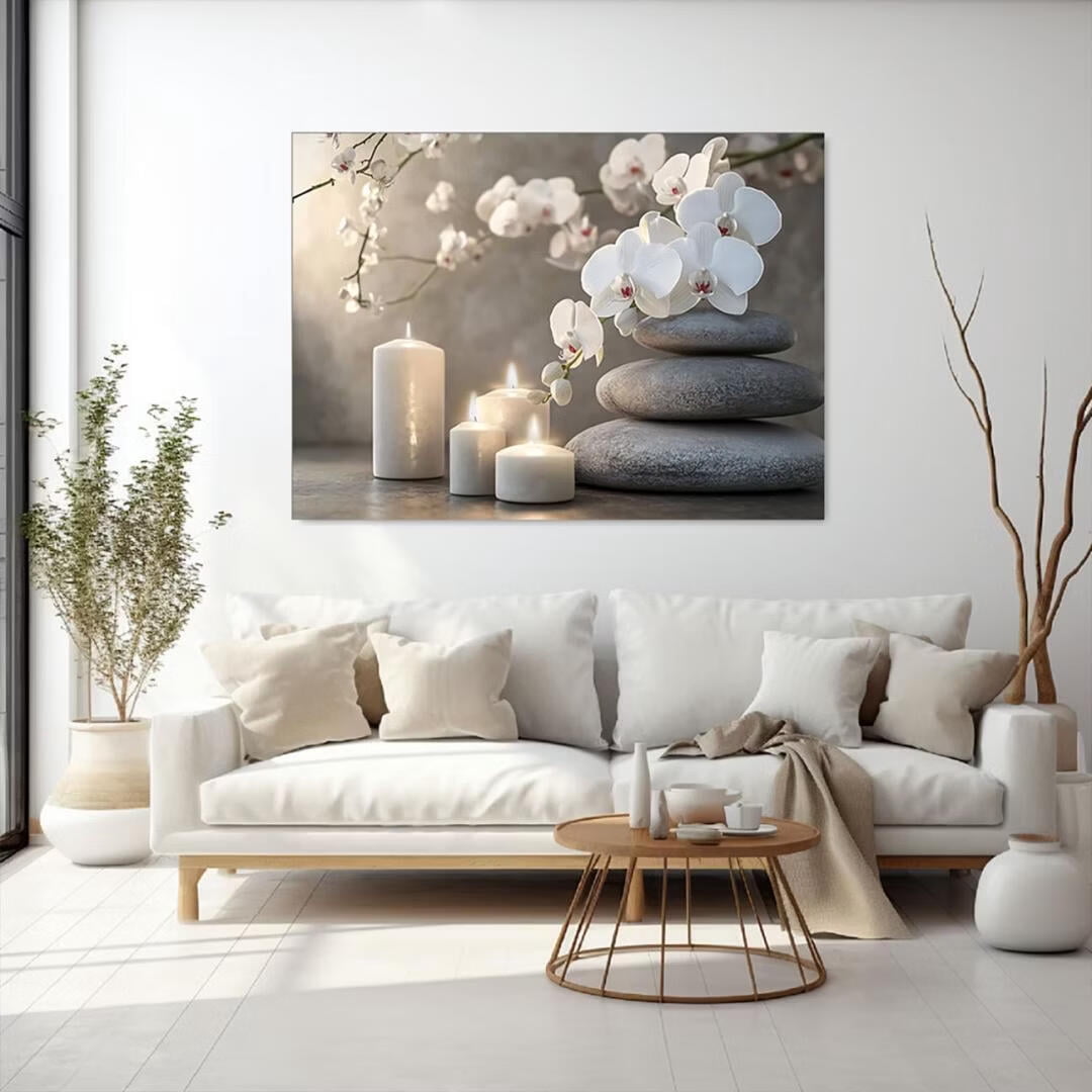 Mudket Framed Canvas Wall Art, White Orchid Candles Zen Stones Wall Decor, Elegant Calming Spa Floral Waterproof Art Prints for Bathroom Bedroom Living Room Home Decor - 18"L x 12"W
