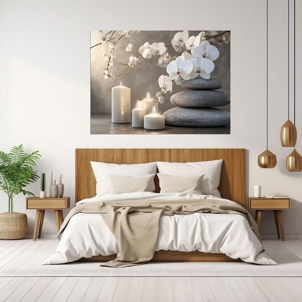 Mudket Framed Canvas Wall Art, White Orchid Candles Zen Stones Wall Decor, Elegant Calming Spa Floral Waterproof Art Prints for Bathroom Bedroom Living Room Home Decor - 18"L x 12"W