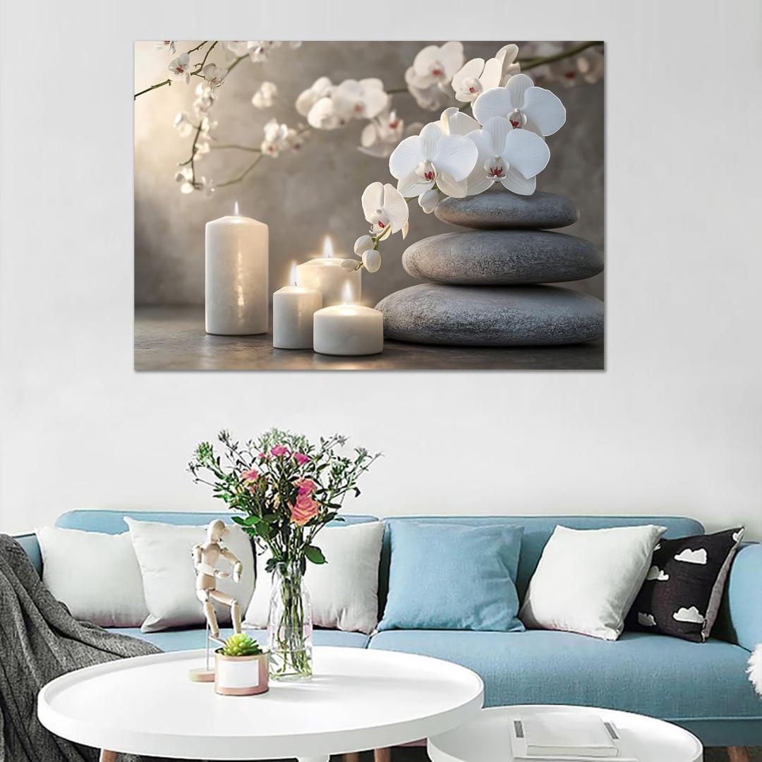 Mudket Framed Canvas Wall Art, White Orchid Candles Zen Stones Wall Decor, Elegant Calming Spa Floral Waterproof Art Prints for Bathroom Bedroom Living Room Home Decor - 18"L x 12"W