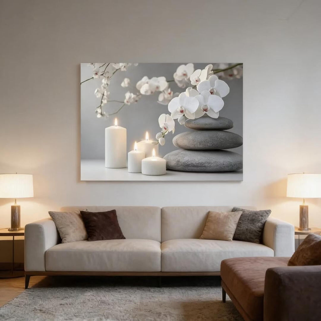 Mudket Framed Canvas Wall Art, White Orchid Candles Zen Stones Wall Decor, Elegant Calming Spa Floral Waterproof Art Prints for Bathroom Bedroom Living Room Home Decor - 18"L x 12"W
