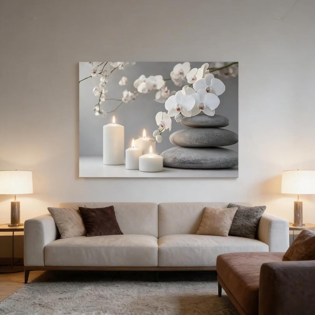Mudket Framed Canvas Wall Art, White Orchid Candles Zen Stones Wall Decor, Elegant Calming Spa Floral Waterproof Art Prints for Bathroom Bedroom Living Room Home Decor - 18"L x 12"W