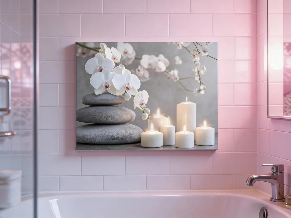 Mudket Framed Canvas Wall Art, White Orchid Candles Zen Stones Wall Decor, Elegant Calming Spa Floral Waterproof Art Prints for Bathroom Bedroom Living Room Home Decor - 18"L x 12"W