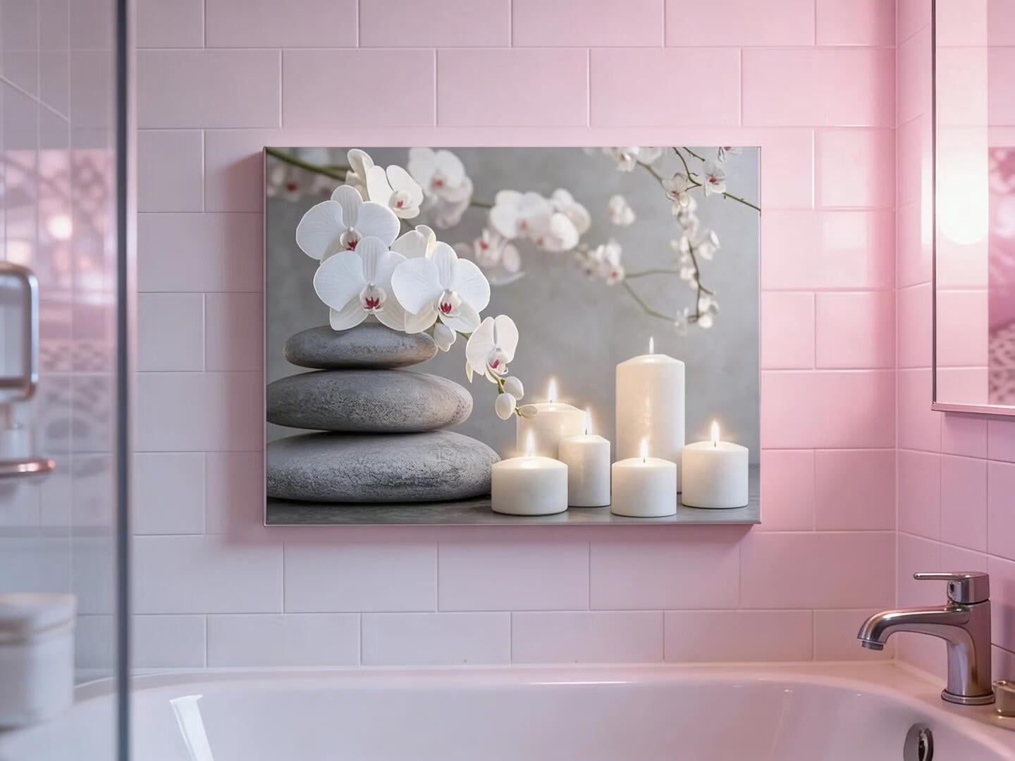 Mudket Framed Canvas Wall Art, White Orchid Candles Zen Stones Wall Decor, Elegant Calming Spa Floral Waterproof Art Prints for Bathroom Bedroom Living Room Home Decor - 18"L x 12"W
