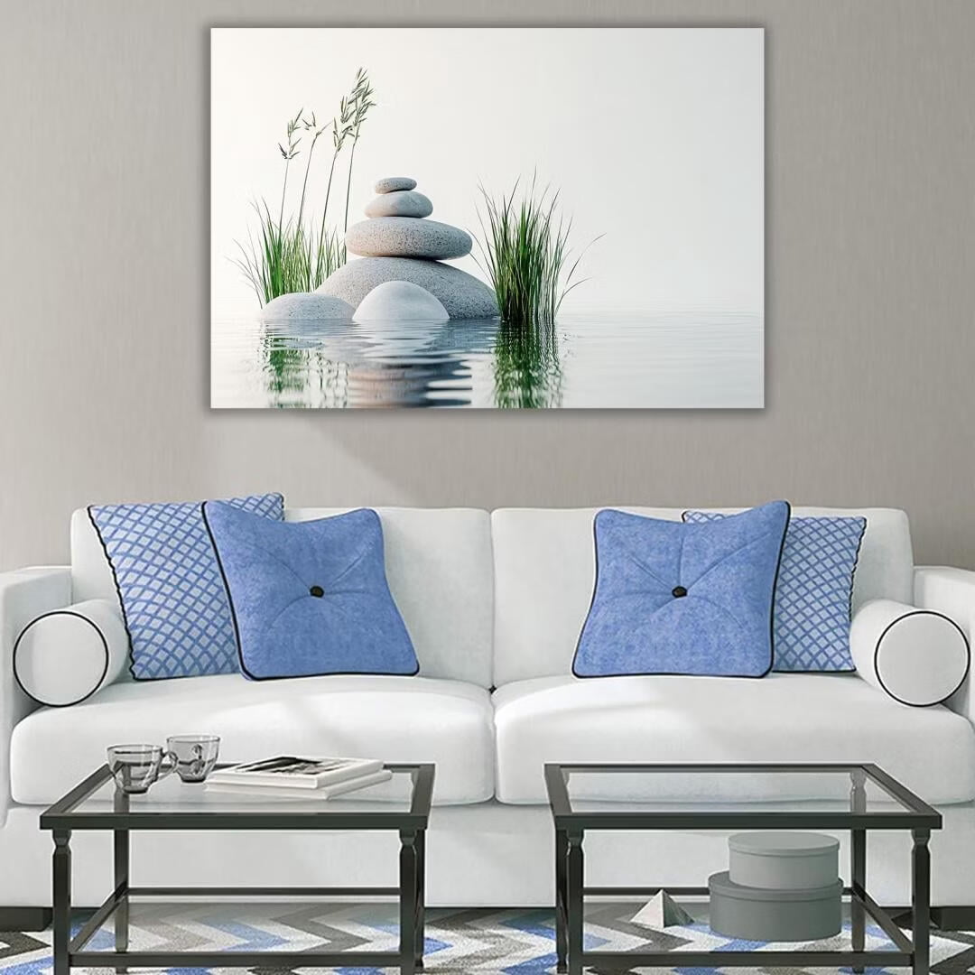 Mudket Framed Canvas Wall Art, White Orchid Candles Zen Stones Wall Decor, Elegant Calming Spa Floral Waterproof Art Prints for Bathroom Bedroom Living Room Home Decor - 18"L x 12"W