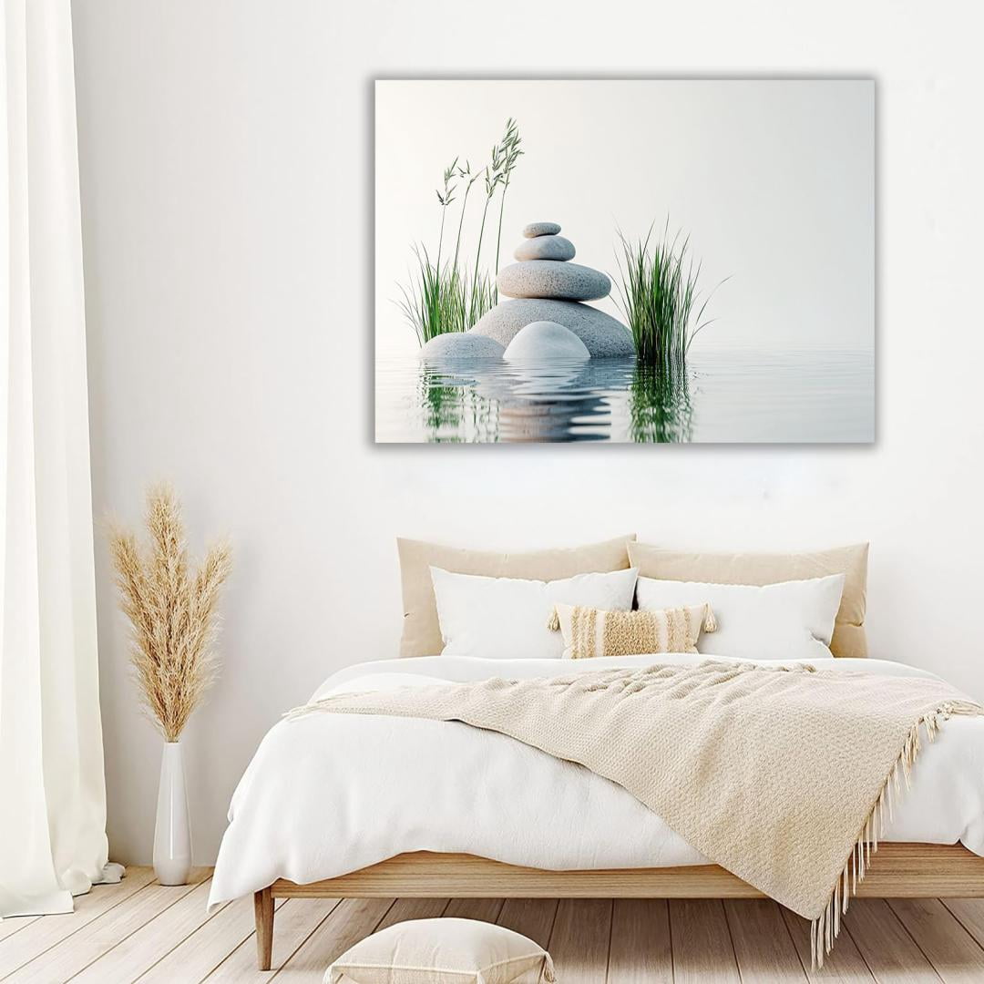 Mudket Framed Canvas Wall Art, White Orchid Candles Zen Stones Wall Decor, Elegant Calming Spa Floral Waterproof Art Prints for Bathroom Bedroom Living Room Home Decor - 18"L x 12"W