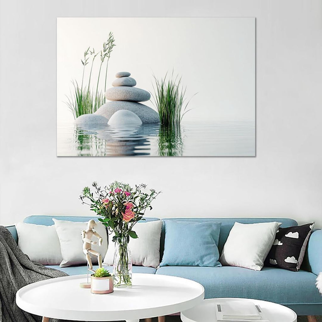 Mudket Framed Canvas Wall Art, White Orchid Candles Zen Stones Wall Decor, Elegant Calming Spa Floral Waterproof Art Prints for Bathroom Bedroom Living Room Home Decor - 18"L x 12"W