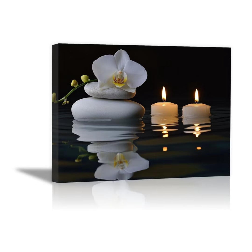 Mudket Framed Canvas Wall Art, White Orchid Candles Zen Stones Wall Decor, Elegant Calming Spa Floral Waterproof Art Prints for Bathroom Bedroom Living Room Home Decor - 18"L x 12"W
