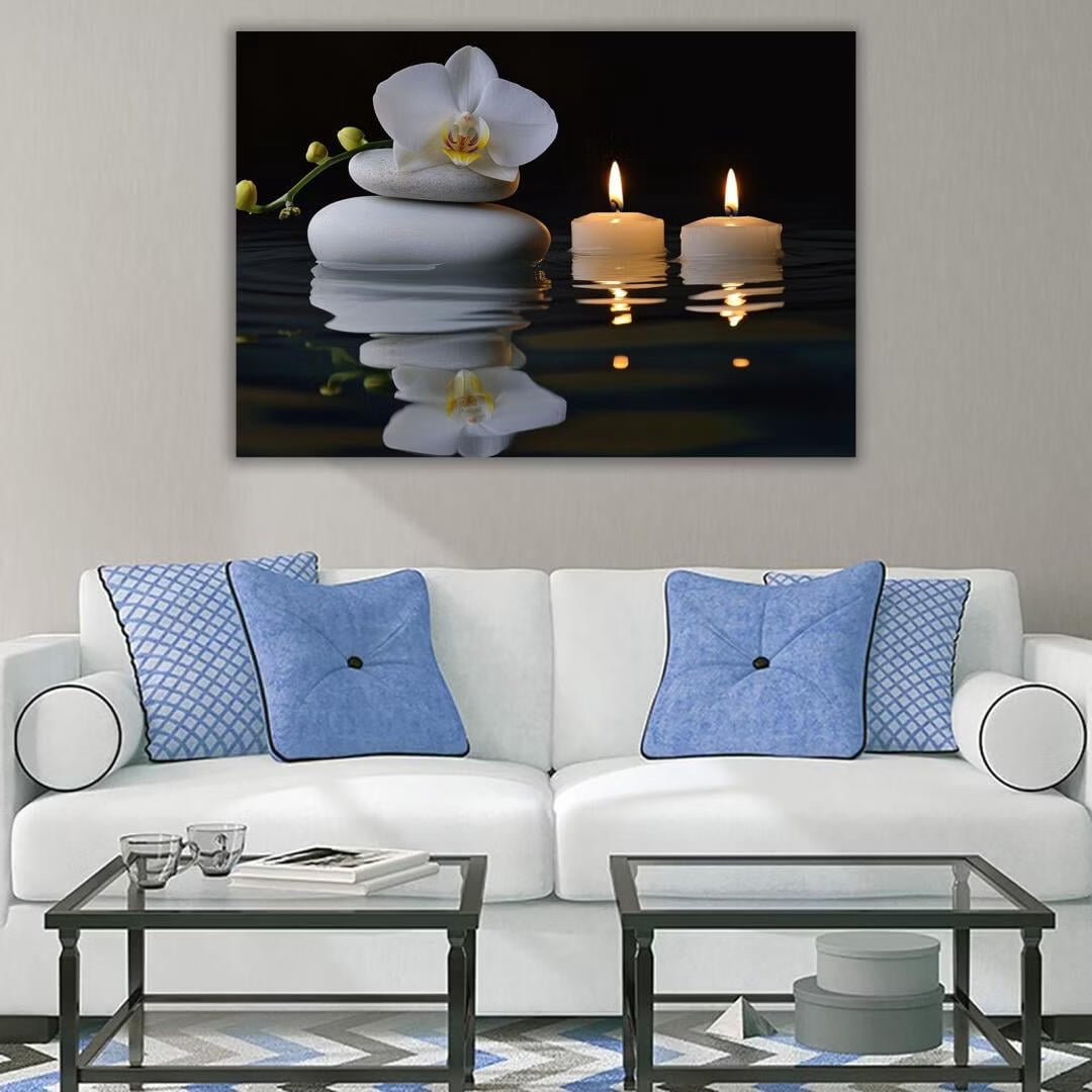 Mudket Framed Canvas Wall Art, White Orchid Candles Zen Stones Wall Decor, Elegant Calming Spa Floral Waterproof Art Prints for Bathroom Bedroom Living Room Home Decor - 18"L x 12"W