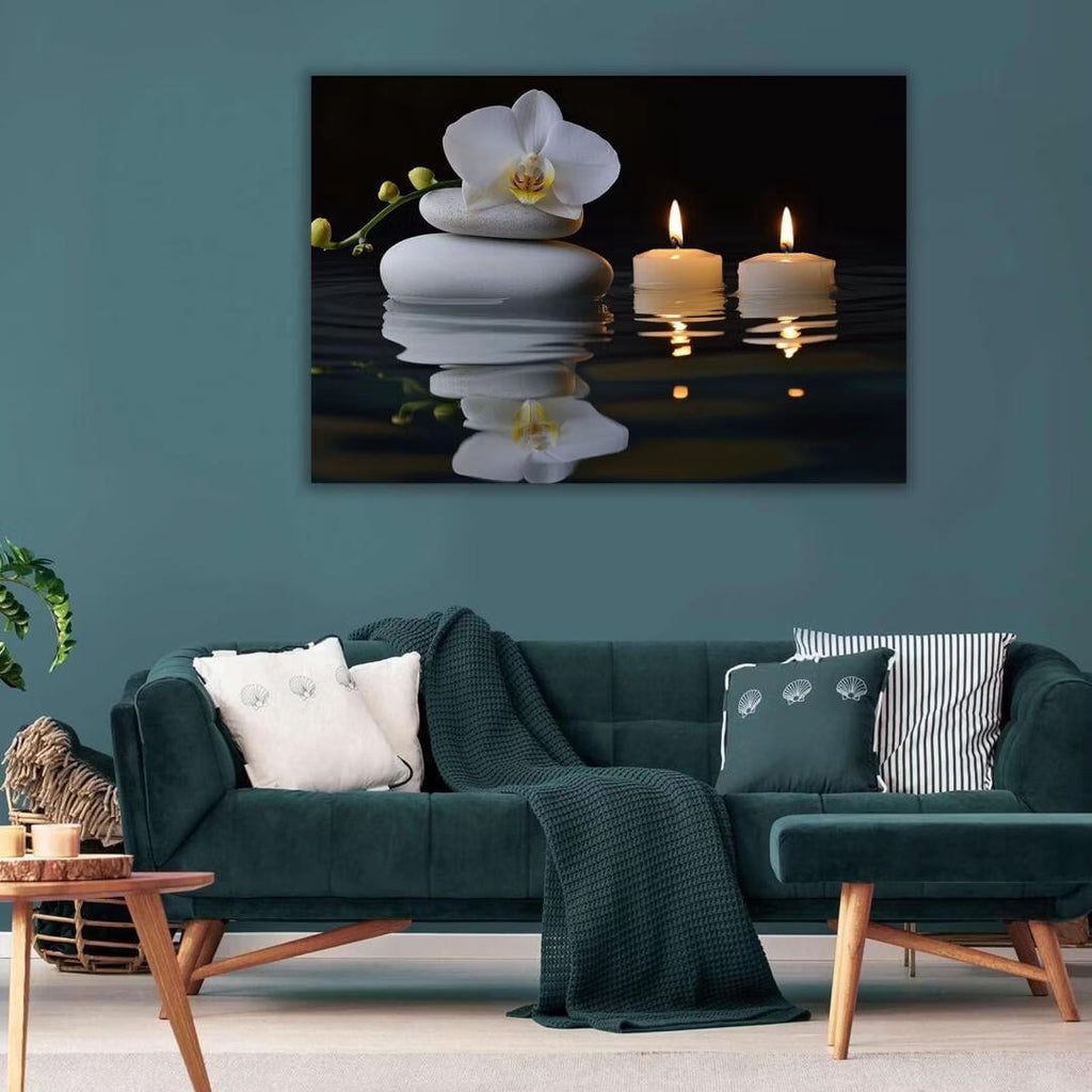 Mudket Framed Canvas Wall Art, White Orchid Candles Zen Stones Wall Decor, Elegant Calming Spa Floral Waterproof Art Prints for Bathroom Bedroom Living Room Home Decor - 18"L x 12"W