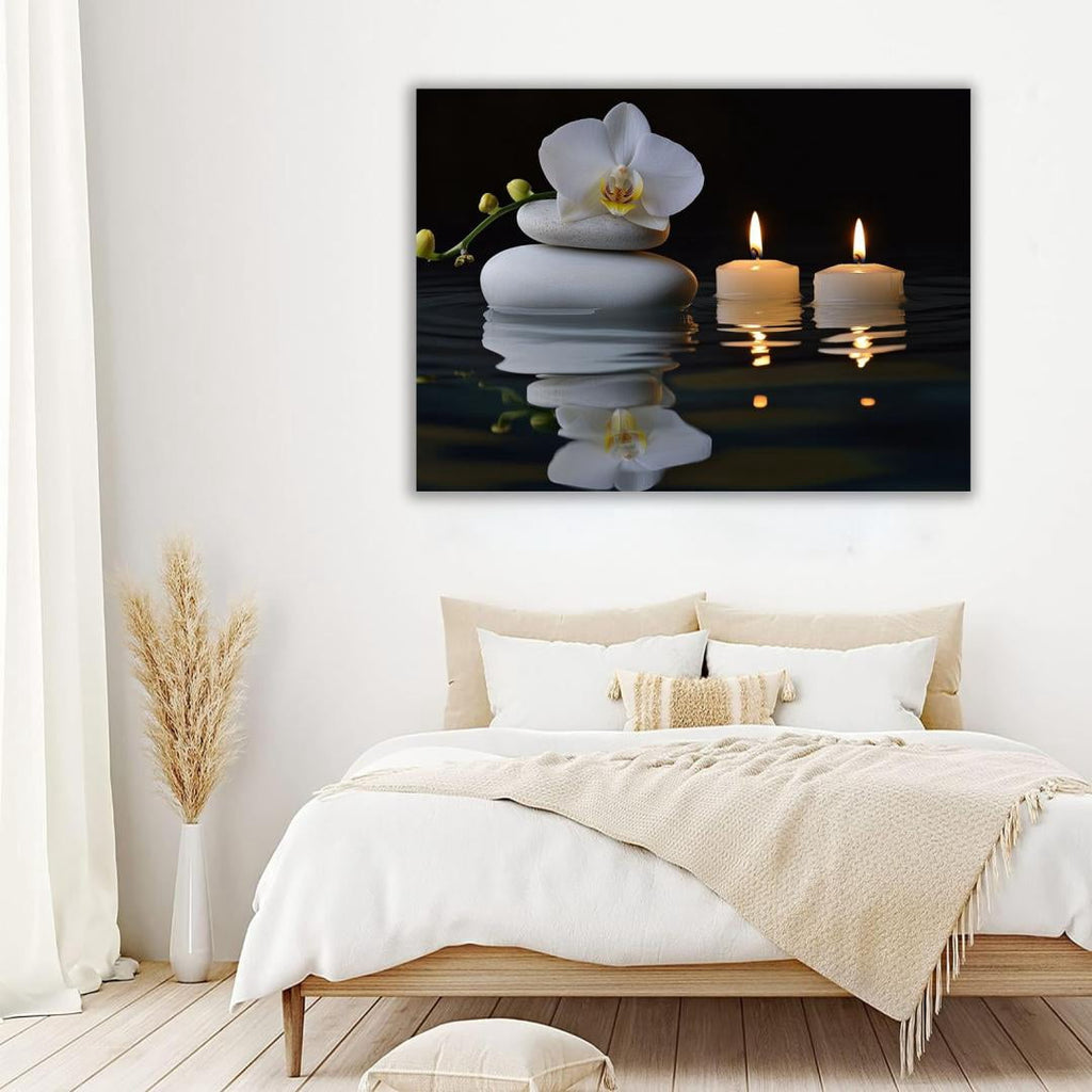 Mudket Framed Canvas Wall Art, White Orchid Candles Zen Stones Wall Decor, Elegant Calming Spa Floral Waterproof Art Prints for Bathroom Bedroom Living Room Home Decor - 18"L x 12"W