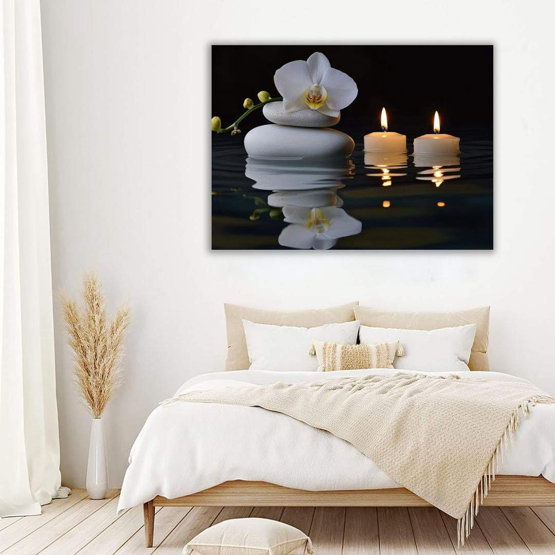 Mudket Framed Canvas Wall Art, White Orchid Candles Zen Stones Wall Decor, Elegant Calming Spa Floral Waterproof Art Prints for Bathroom Bedroom Living Room Home Decor - 18"L x 12"W