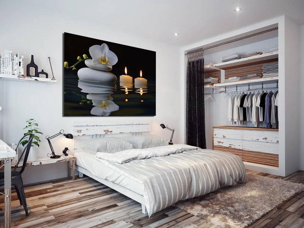 Mudket Framed Canvas Wall Art, White Orchid Candles Zen Stones Wall Decor, Elegant Calming Spa Floral Waterproof Art Prints for Bathroom Bedroom Living Room Home Decor - 18"L x 12"W