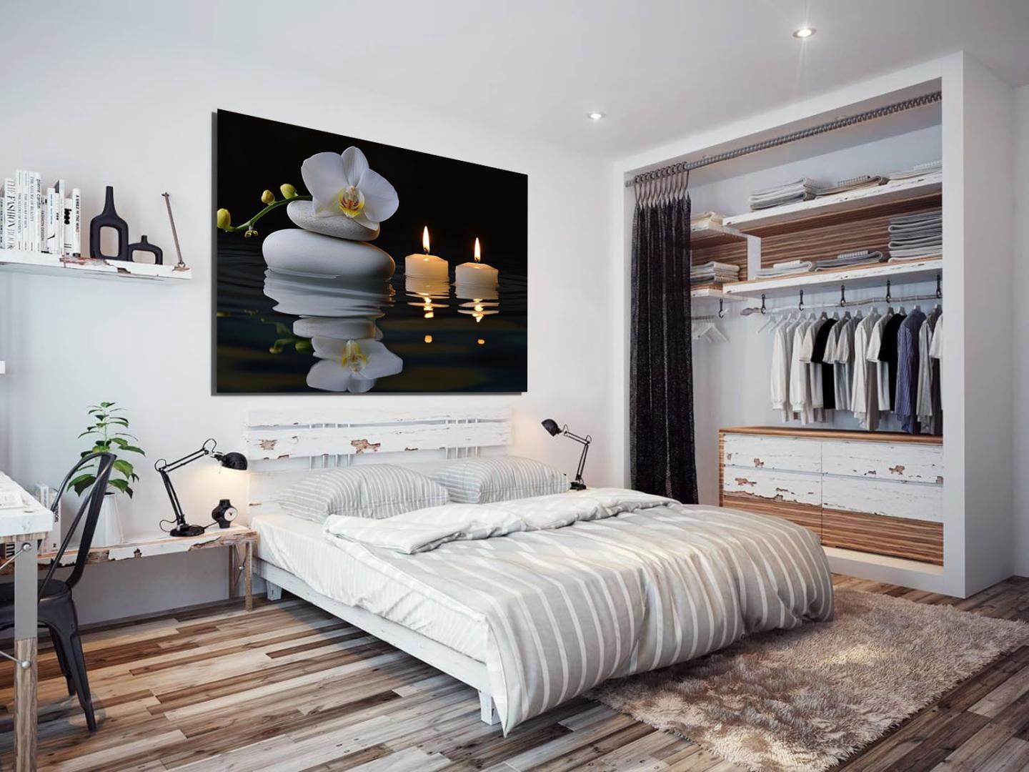 Mudket Framed Canvas Wall Art, White Orchid Candles Zen Stones Wall Decor, Elegant Calming Spa Floral Waterproof Art Prints for Bathroom Bedroom Living Room Home Decor - 18"L x 12"W