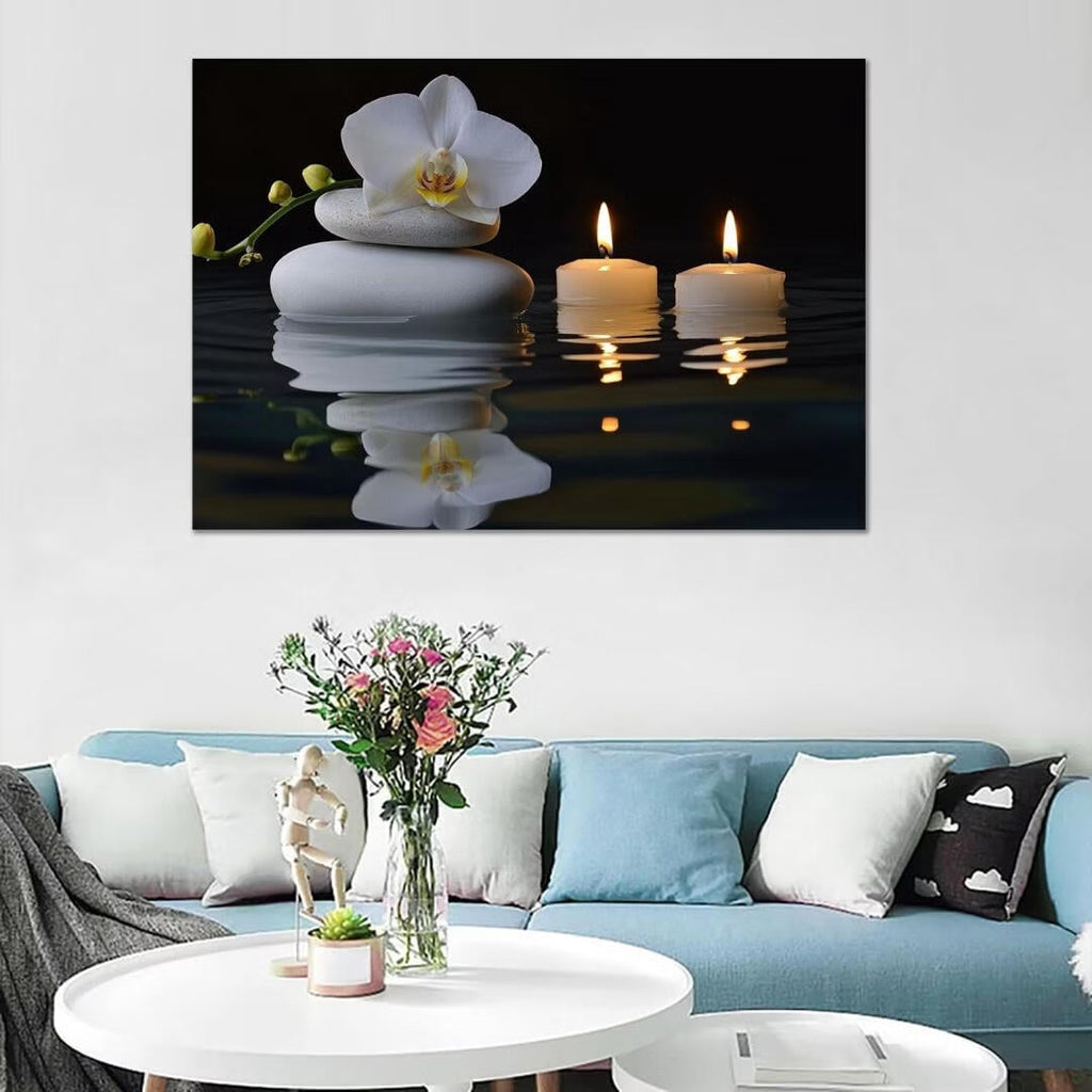 Mudket Framed Canvas Wall Art, White Orchid Candles Zen Stones Wall Decor, Elegant Calming Spa Floral Waterproof Art Prints for Bathroom Bedroom Living Room Home Decor - 18"L x 12"W