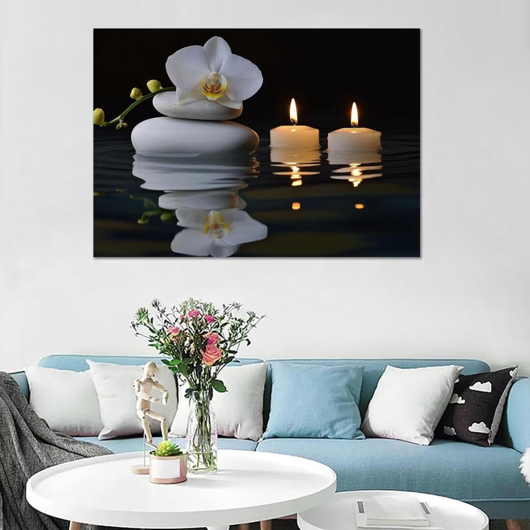 Mudket Framed Canvas Wall Art, White Orchid Candles Zen Stones Wall Decor, Elegant Calming Spa Floral Waterproof Art Prints for Bathroom Bedroom Living Room Home Decor - 18"L x 12"W