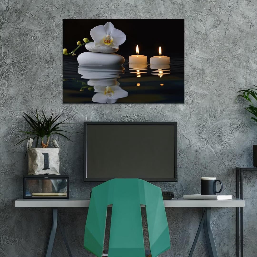 Mudket Framed Canvas Wall Art, White Orchid Candles Zen Stones Wall Decor, Elegant Calming Spa Floral Waterproof Art Prints for Bathroom Bedroom Living Room Home Decor - 18"L x 12"W