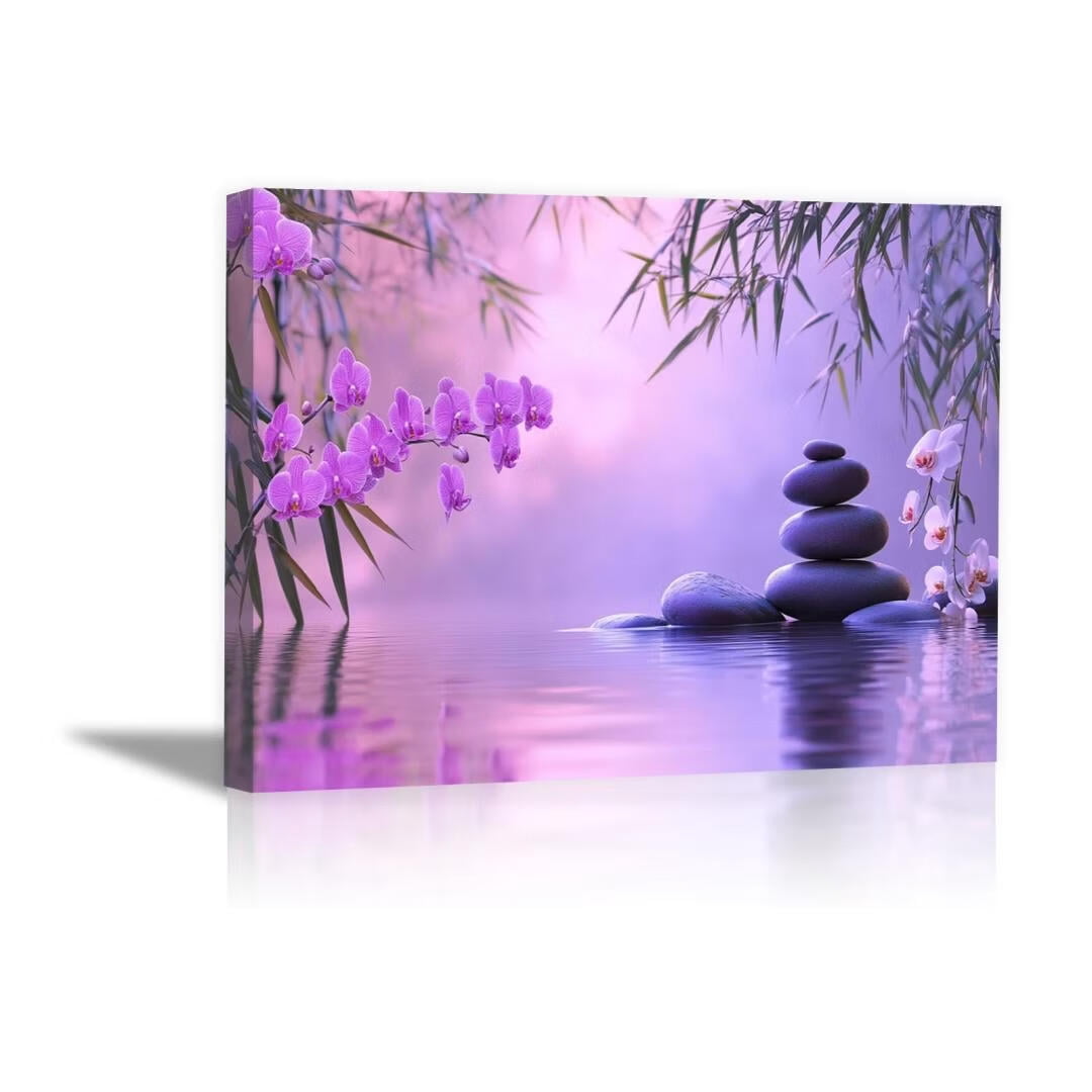 Mudket Framed Canvas Wall Art, White Orchid Candles Zen Stones Wall Decor, Elegant Calming Spa Floral Waterproof Art Prints for Bathroom Bedroom Living Room Home Decor - 18"L x 12"W
