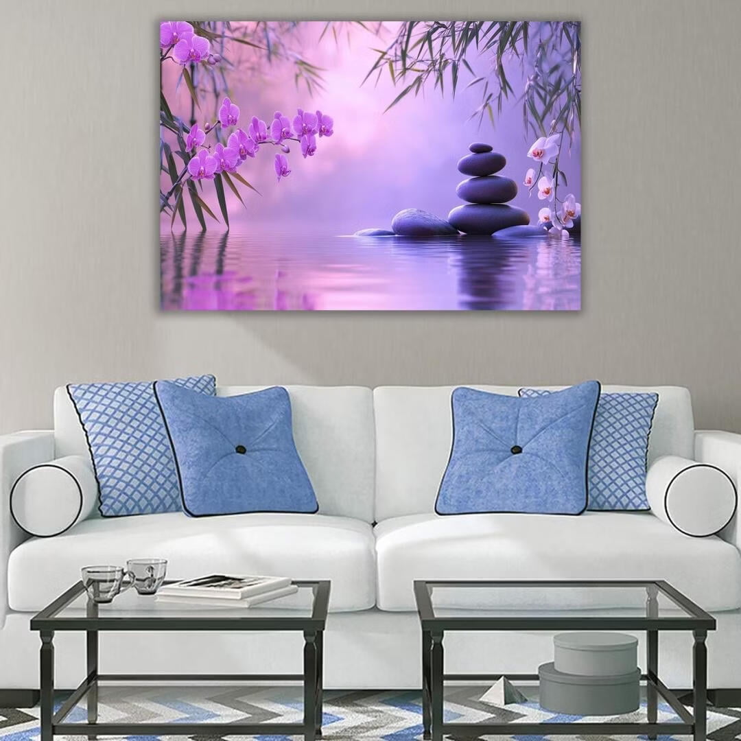 Mudket Framed Canvas Wall Art, White Orchid Candles Zen Stones Wall Decor, Elegant Calming Spa Floral Waterproof Art Prints for Bathroom Bedroom Living Room Home Decor - 18"L x 12"W
