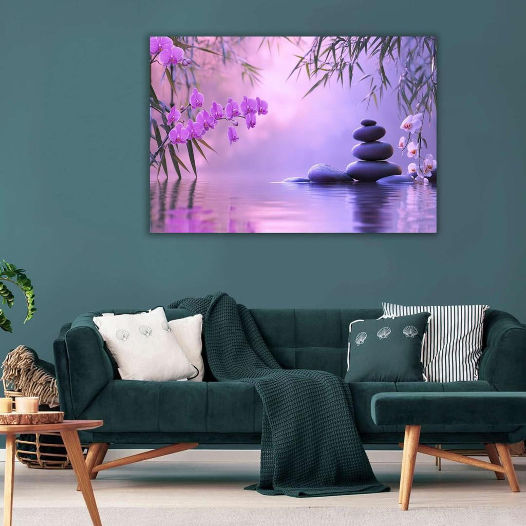 Mudket Framed Canvas Wall Art, White Orchid Candles Zen Stones Wall Decor, Elegant Calming Spa Floral Waterproof Art Prints for Bathroom Bedroom Living Room Home Decor - 18"L x 12"W