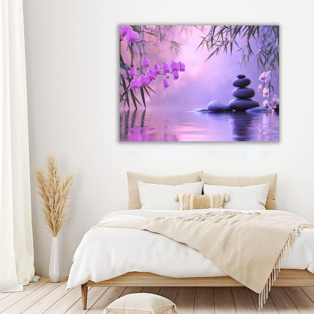 Mudket Framed Canvas Wall Art, White Orchid Candles Zen Stones Wall Decor, Elegant Calming Spa Floral Waterproof Art Prints for Bathroom Bedroom Living Room Home Decor - 18"L x 12"W