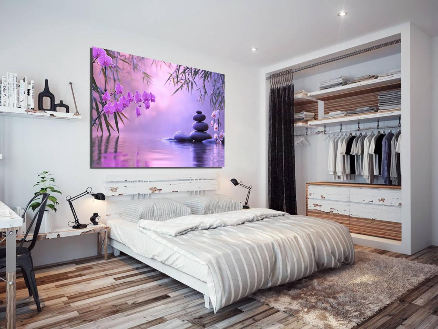 Mudket Framed Canvas Wall Art, White Orchid Candles Zen Stones Wall Decor, Elegant Calming Spa Floral Waterproof Art Prints for Bathroom Bedroom Living Room Home Decor - 18"L x 12"W