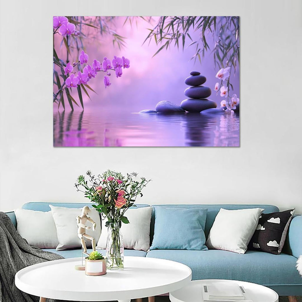 Mudket Framed Canvas Wall Art, White Orchid Candles Zen Stones Wall Decor, Elegant Calming Spa Floral Waterproof Art Prints for Bathroom Bedroom Living Room Home Decor - 18"L x 12"W