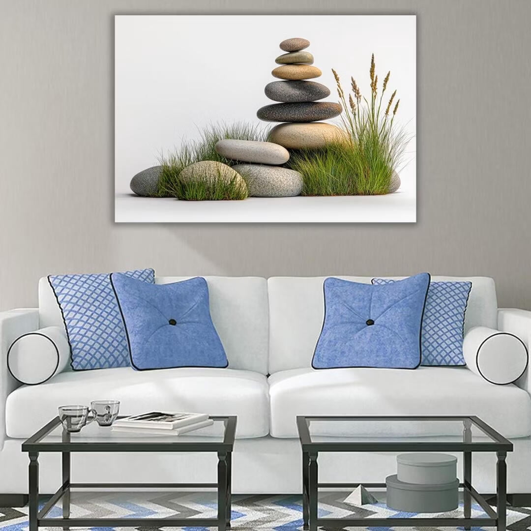 Mudket Framed Canvas Wall Art, White Orchid Candles Zen Stones Wall Decor, Elegant Calming Spa Floral Waterproof Art Prints for Bathroom Bedroom Living Room Home Decor - 18"L x 12"W