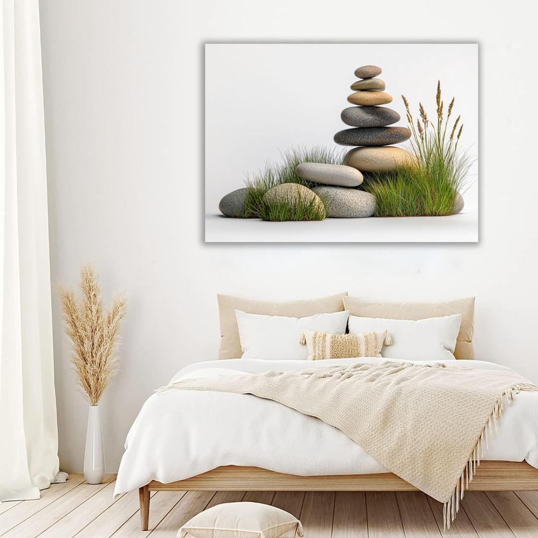 Mudket Framed Canvas Wall Art, White Orchid Candles Zen Stones Wall Decor, Elegant Calming Spa Floral Waterproof Art Prints for Bathroom Bedroom Living Room Home Decor - 18"L x 12"W