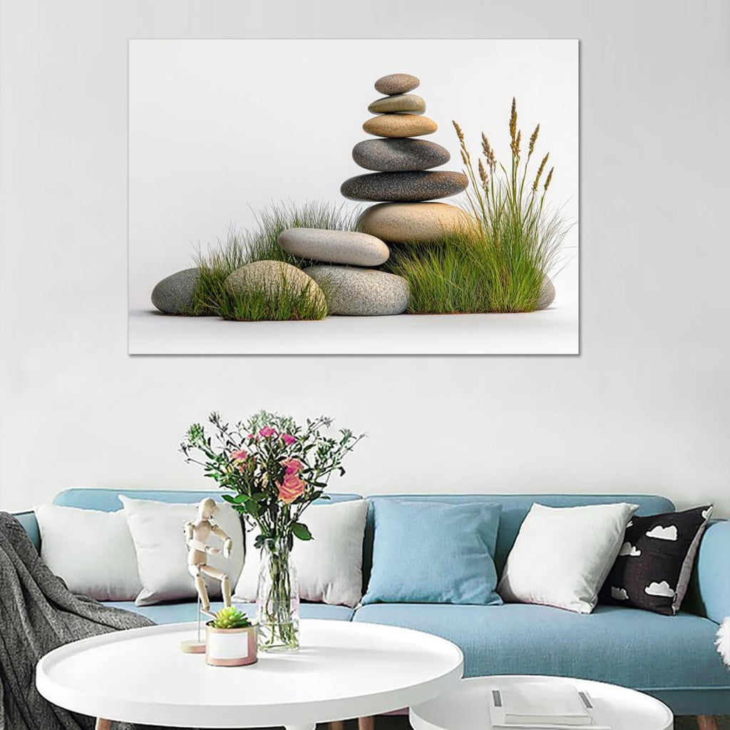Mudket Framed Canvas Wall Art, White Orchid Candles Zen Stones Wall Decor, Elegant Calming Spa Floral Waterproof Art Prints for Bathroom Bedroom Living Room Home Decor - 18"L x 12"W