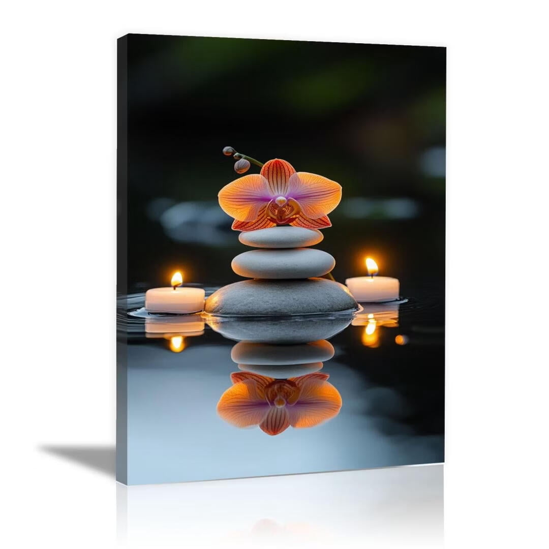 Mudket Framed Canvas Wall Art, White Orchid Candles Zen Stones Wall Decor, Elegant Calming Spa Floral Waterproof Art Prints for Bathroom Bedroom Living Room Home Decor - 18"L x 12"W