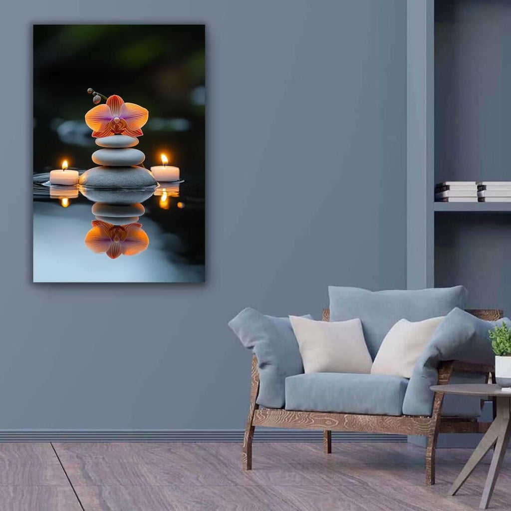 Mudket Framed Canvas Wall Art, White Orchid Candles Zen Stones Wall Decor, Elegant Calming Spa Floral Waterproof Art Prints for Bathroom Bedroom Living Room Home Decor - 18"L x 12"W