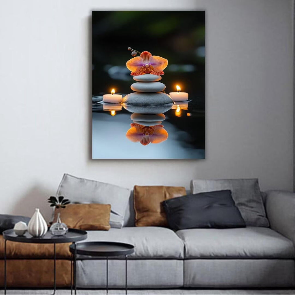 Mudket Framed Canvas Wall Art, White Orchid Candles Zen Stones Wall Decor, Elegant Calming Spa Floral Waterproof Art Prints for Bathroom Bedroom Living Room Home Decor - 18"L x 12"W