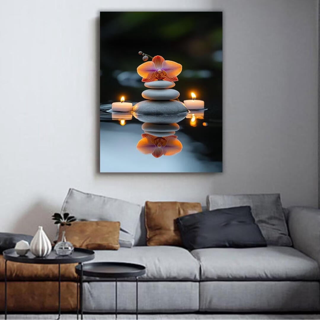 Mudket Framed Canvas Wall Art, White Orchid Candles Zen Stones Wall Decor, Elegant Calming Spa Floral Waterproof Art Prints for Bathroom Bedroom Living Room Home Decor - 18"L x 12"W