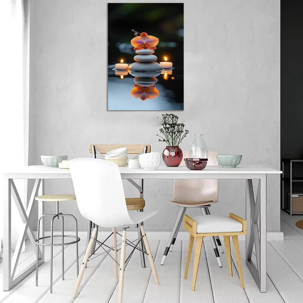 Mudket Framed Canvas Wall Art, White Orchid Candles Zen Stones Wall Decor, Elegant Calming Spa Floral Waterproof Art Prints for Bathroom Bedroom Living Room Home Decor - 18"L x 12"W