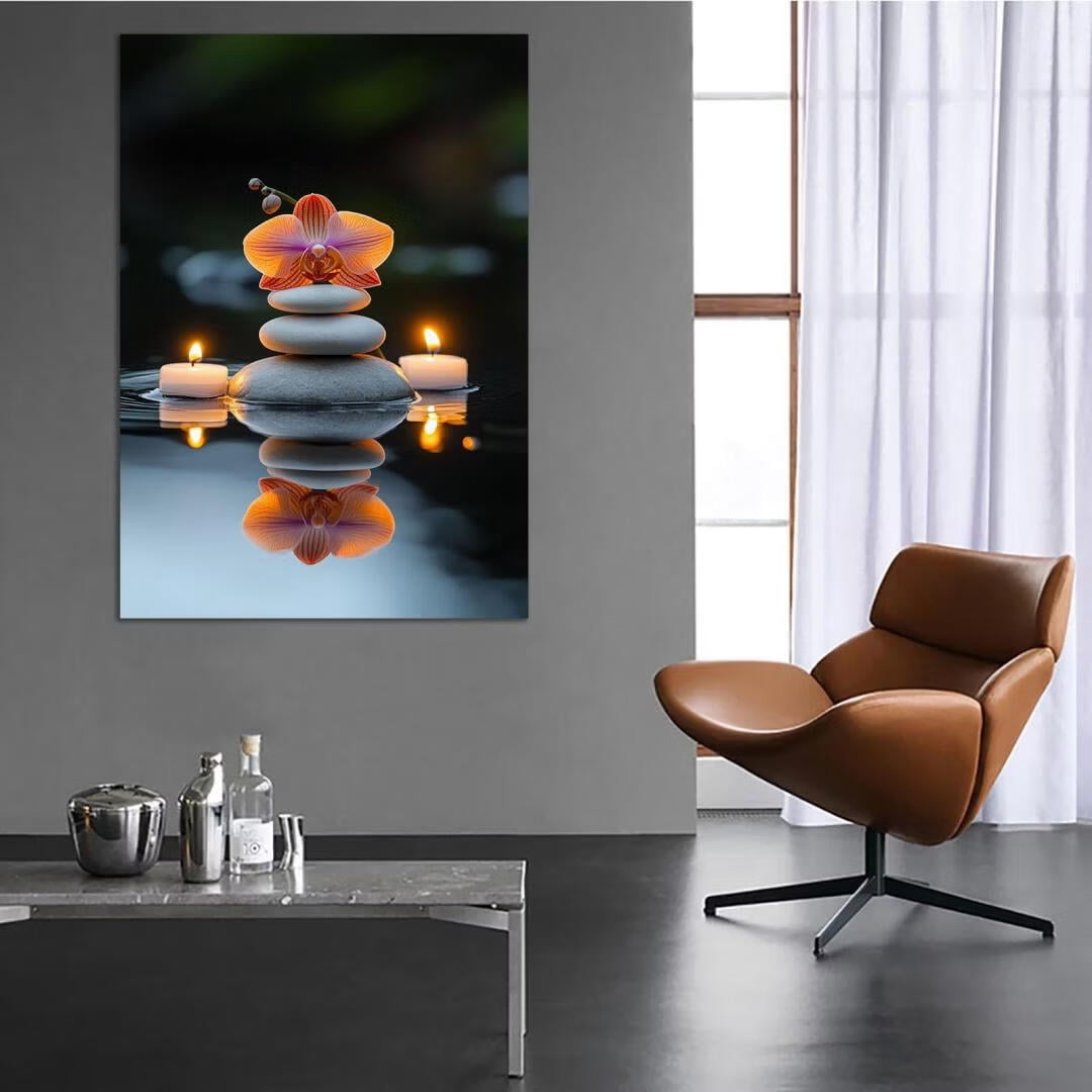 Mudket Framed Canvas Wall Art, White Orchid Candles Zen Stones Wall Decor, Elegant Calming Spa Floral Waterproof Art Prints for Bathroom Bedroom Living Room Home Decor - 18"L x 12"W