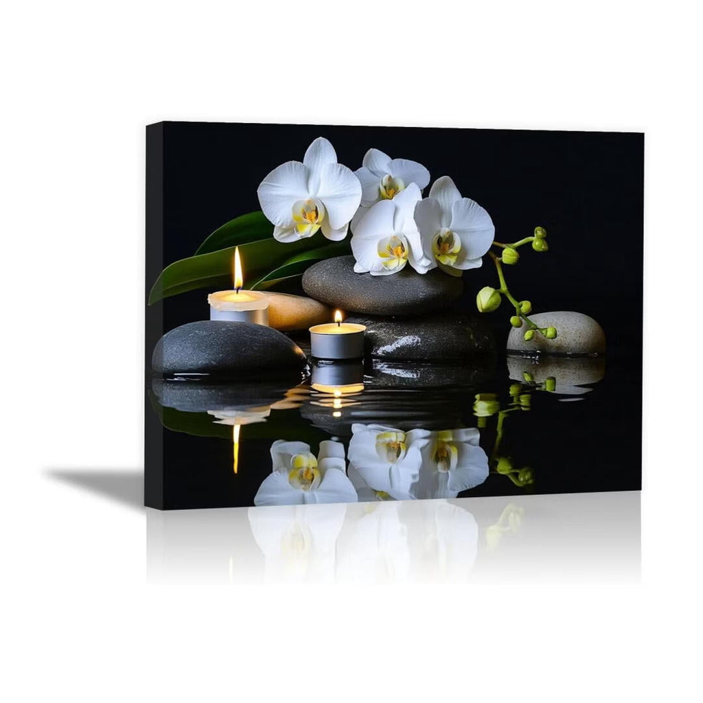 Mudket Framed Canvas Wall Art, White Orchid Candles Zen Stones Wall Decor, Elegant Calming Spa Floral Waterproof Art Prints for Bathroom Bedroom Living Room Home Decor - 18"L x 12"W