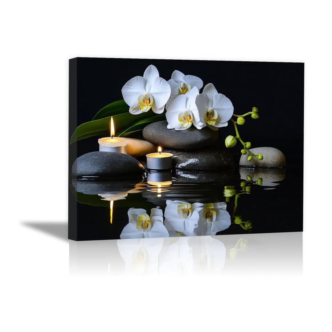 Mudket Framed Canvas Wall Art, White Orchid Candles Zen Stones Wall Decor, Elegant Calming Spa Floral Waterproof Art Prints for Bathroom Bedroom Living Room Home Decor - 18"L x 12"W