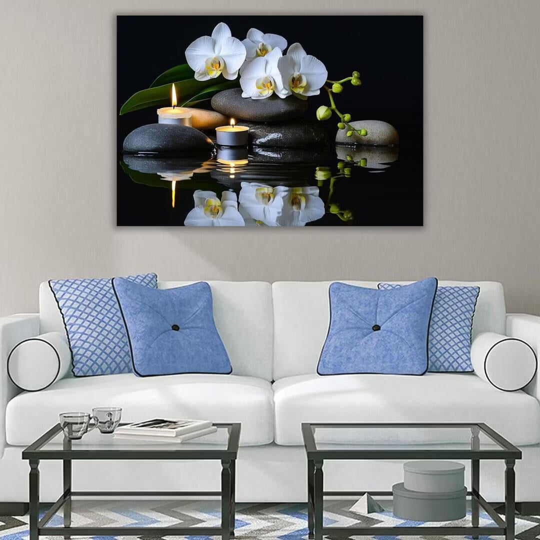 Mudket Framed Canvas Wall Art, White Orchid Candles Zen Stones Wall Decor, Elegant Calming Spa Floral Waterproof Art Prints for Bathroom Bedroom Living Room Home Decor - 18"L x 12"W