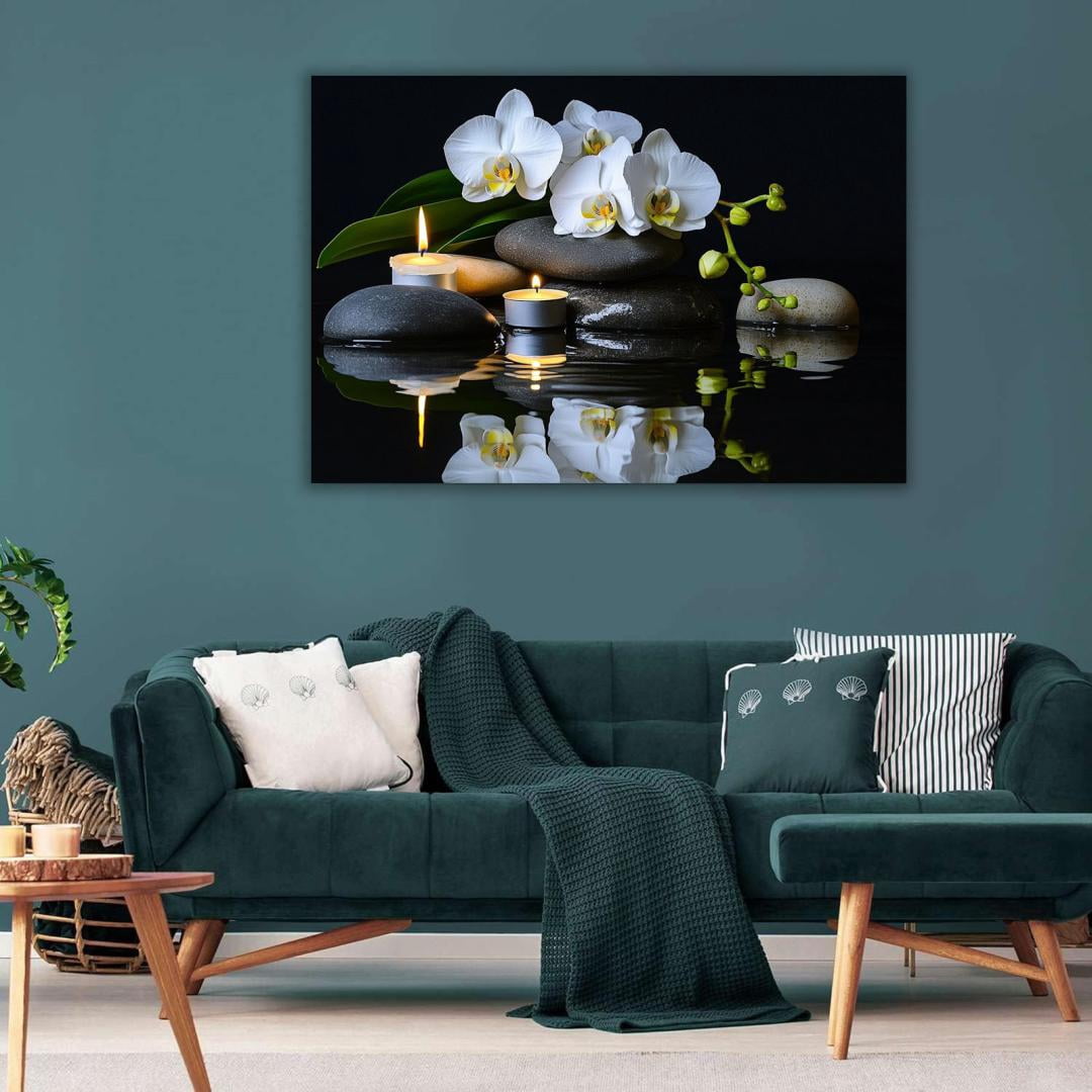 Mudket Framed Canvas Wall Art, White Orchid Candles Zen Stones Wall Decor, Elegant Calming Spa Floral Waterproof Art Prints for Bathroom Bedroom Living Room Home Decor - 18"L x 12"W